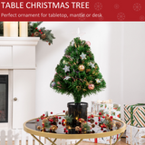HOMCOM 2ft Pre-Lit Artificial Christmas Tree with Fibre Optic and 60 Warm White LEDs – Tabletop Pot Tree, Green