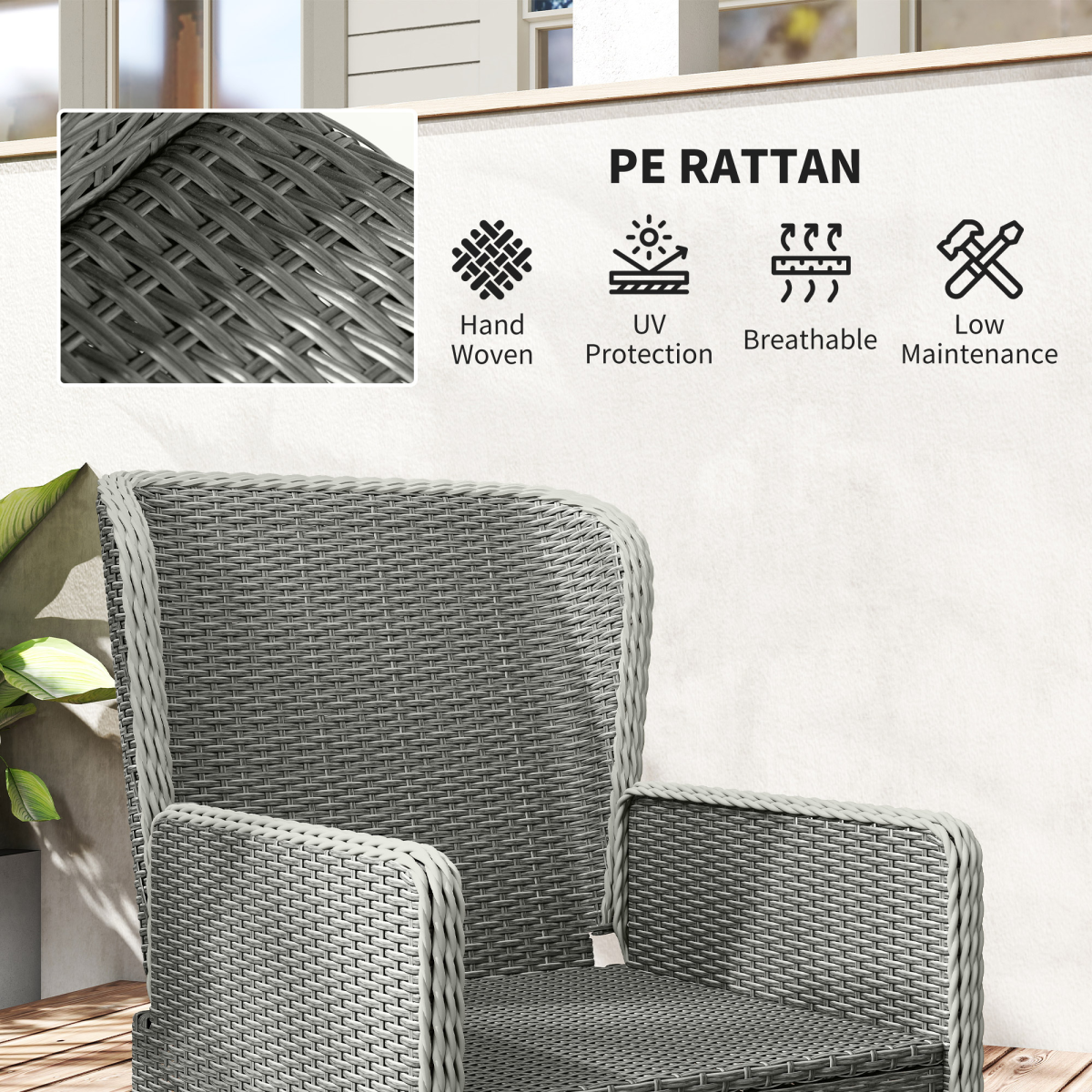 Outsunny Five-Piece Rattan Garden Furniture Set with Reclining Armchairs, Footstools & Glass Table, Charcoal Grey