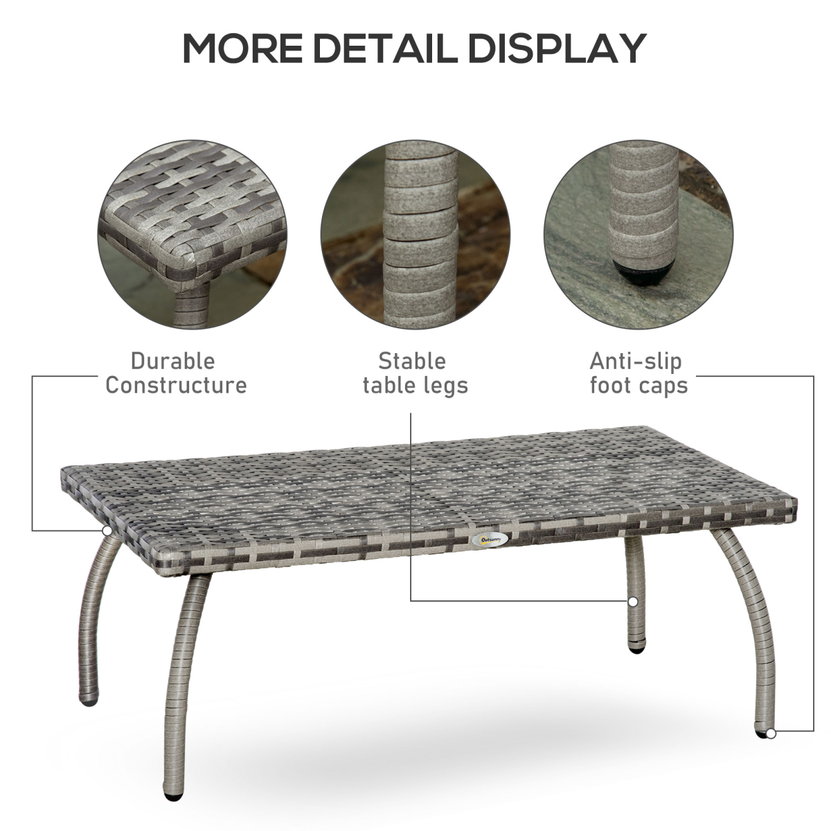Outsunny Rattan Coffee Table with Heavy-Duty Steel Frame & PP Board Top – Patio Wicker Table, Grey