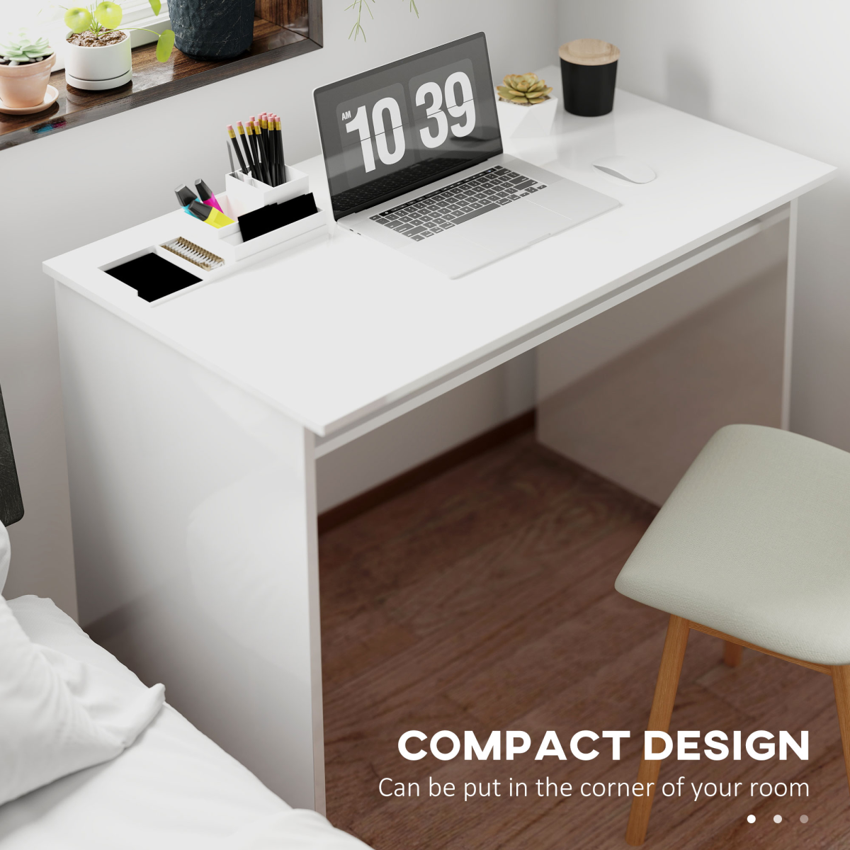HOMCOM High Gloss Computer Desk with Built-In Storage & Spacious Top – Home Study Workstation, White