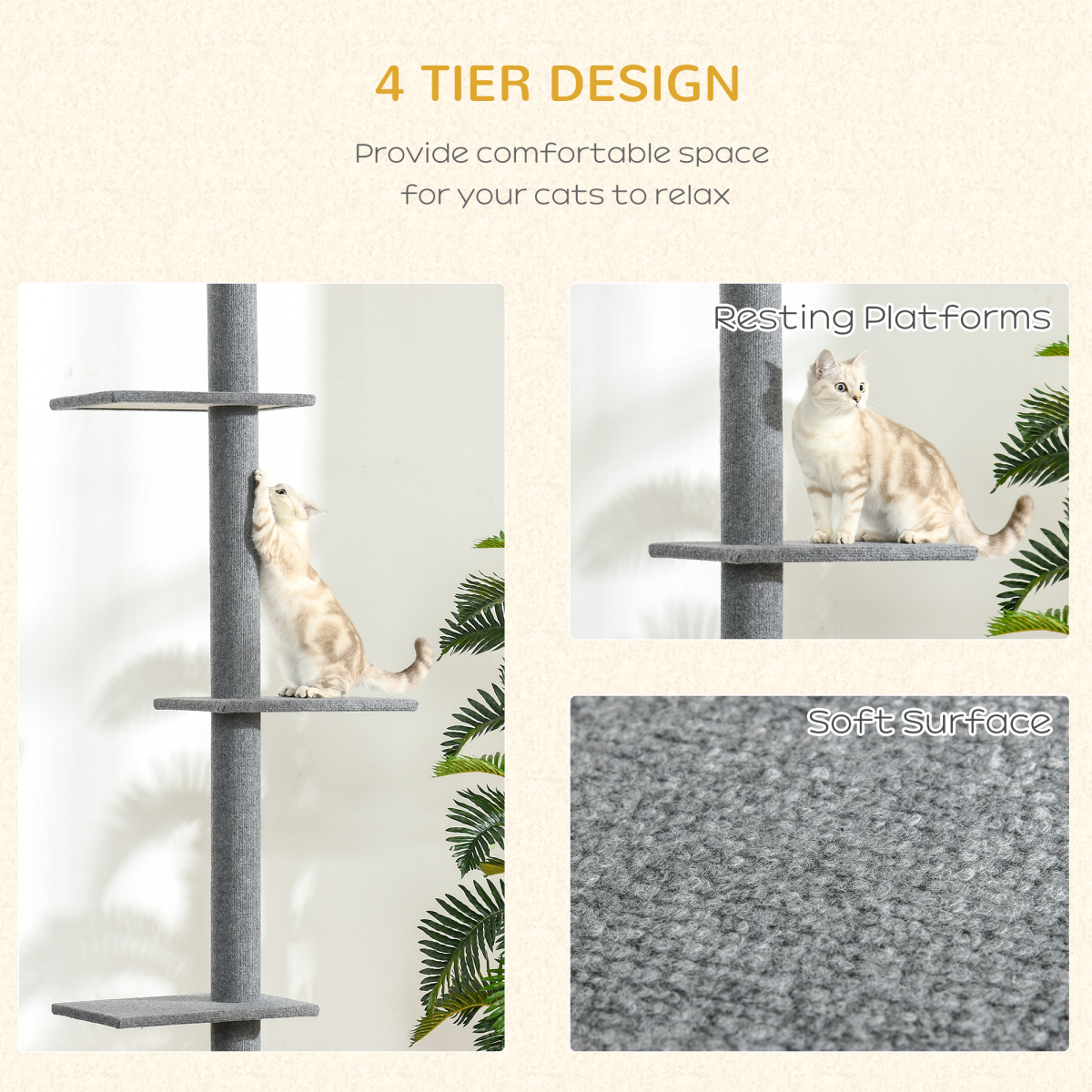 Pawhut Floor to Ceiling Cat Tree with Four Tiers, 220–260cm Adjustable Height – Plush Cat Climbing Tower, Grey