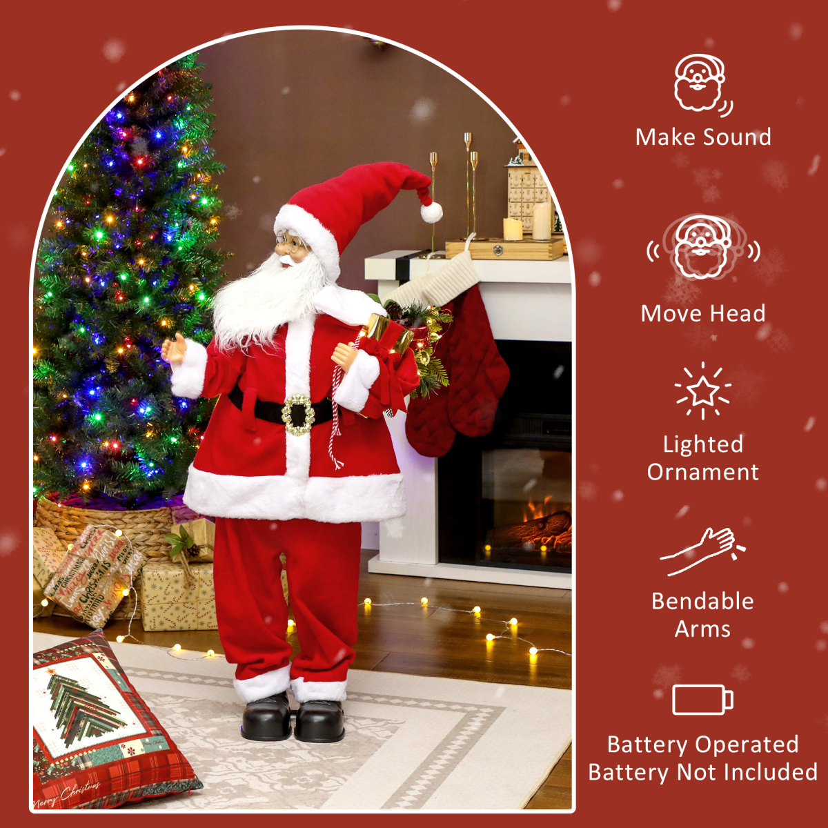 HOMCOM Life Size Animated Santa Claus with Sound Activation and LED Lights – Christmas Party Decoration, Red