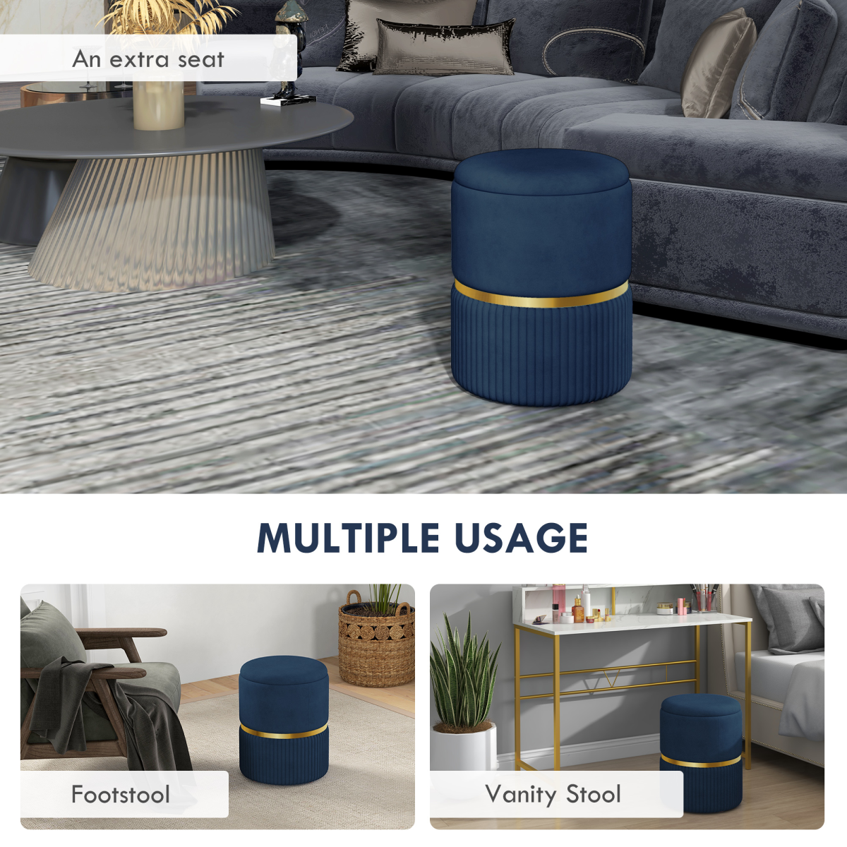 HOMCOM Round Pouffe with Fluted Design, Gold Tone Accents & Hidden Storage – Footstool, Dark Blue