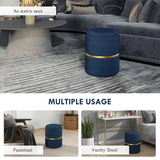 HOMCOM Round Pouffe with Fluted Design, Gold Tone Accents & Hidden Storage – Footstool, Dark Blue