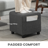 HOMCOM Small Square Footstool Ottoman with Padded Button-Tufted Seat and Side Pocket – Living Room, Grey