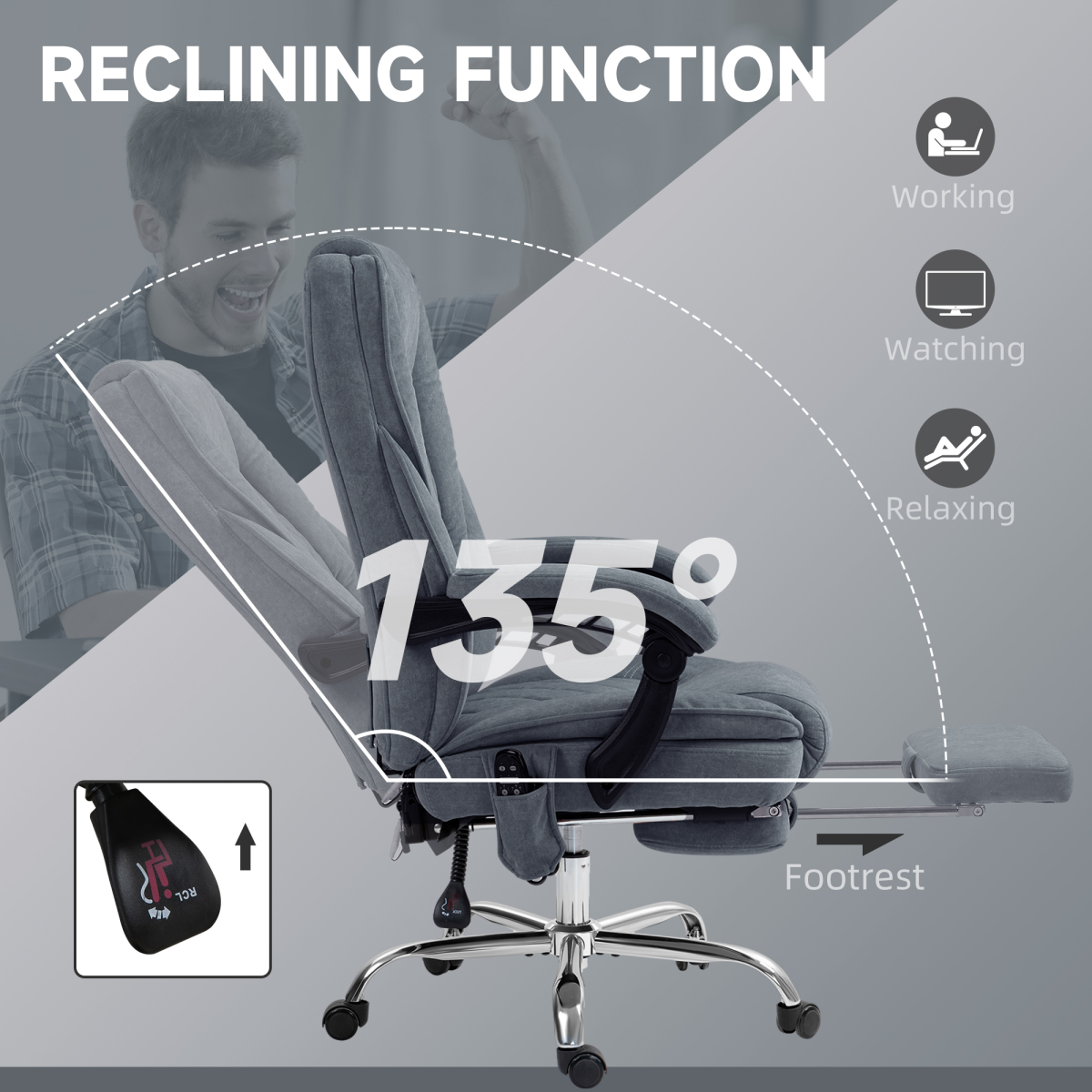 Heated Massage Office Chair with Footrest, Remote & 135° Recline – Home Office Relaxation Chair, Dark Grey Velvet