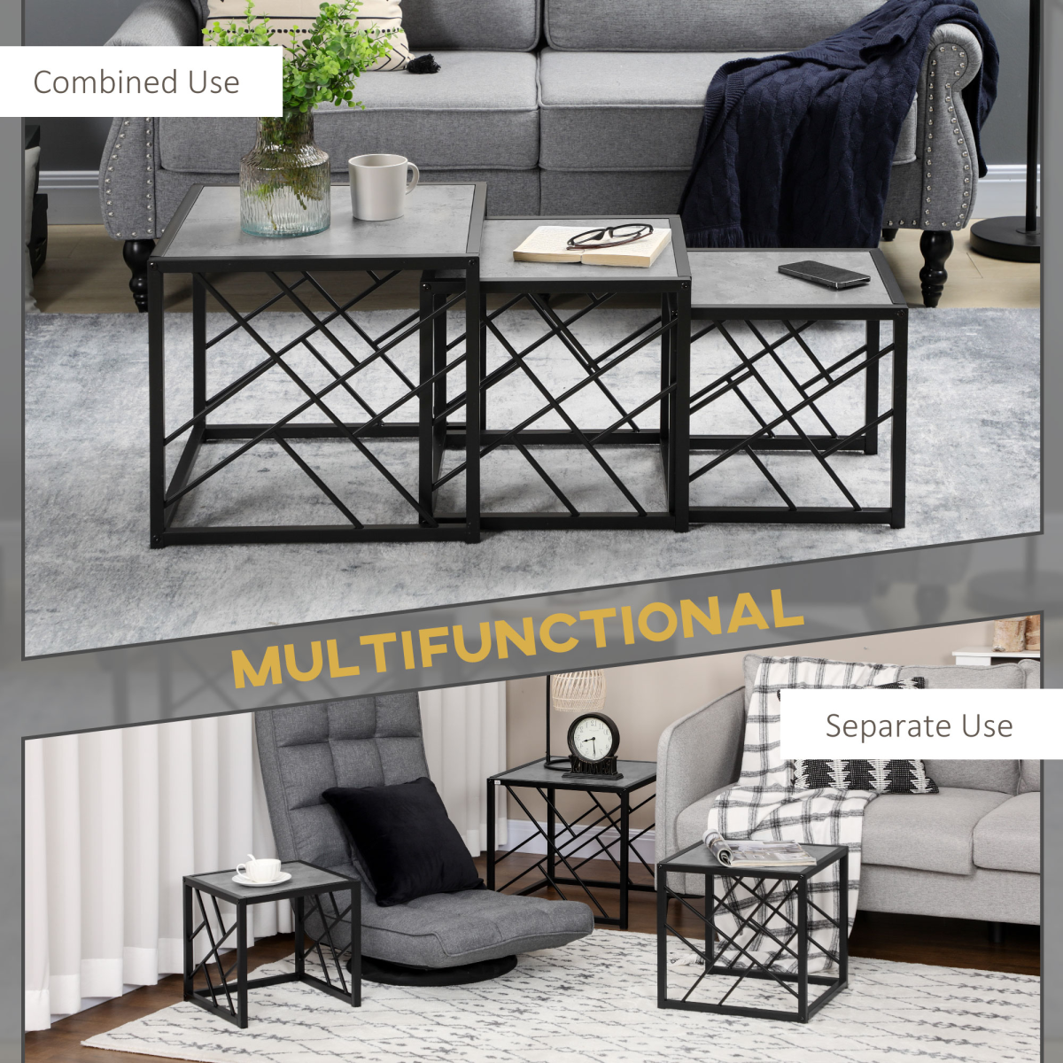 HOMCOM Set of 3 Square Nesting Coffee Tables with Metal Frame – Space-Saving Side Tables, Grey