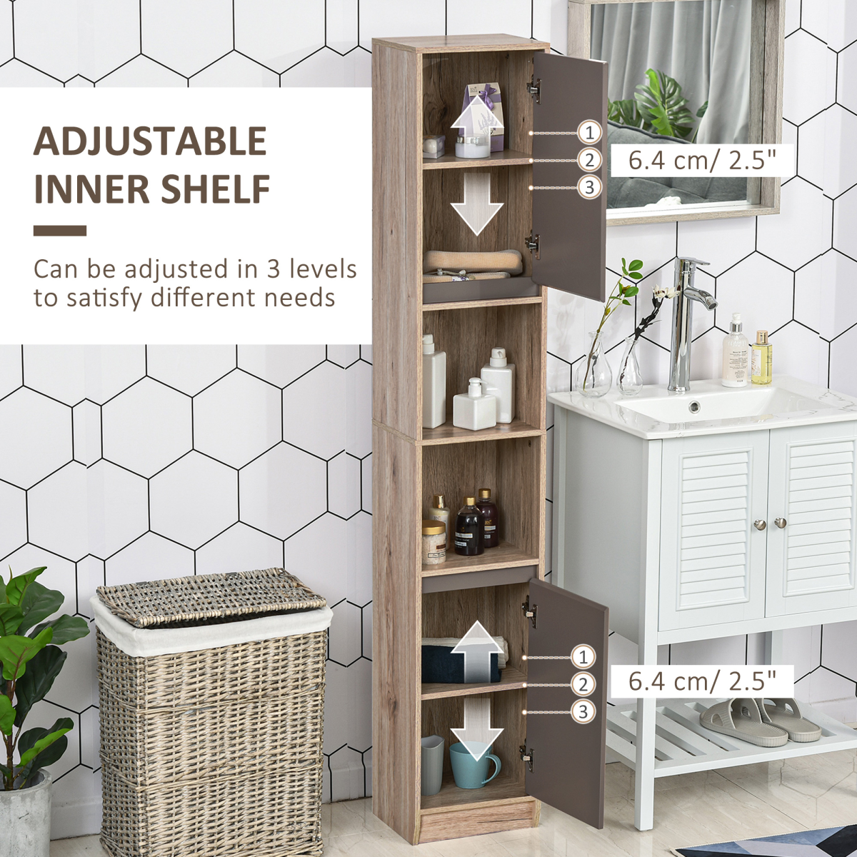 170cm Freestanding Slimline Storage Cabinet with 2 Cupboards and 2 Compartments – Anti-Tip Straps