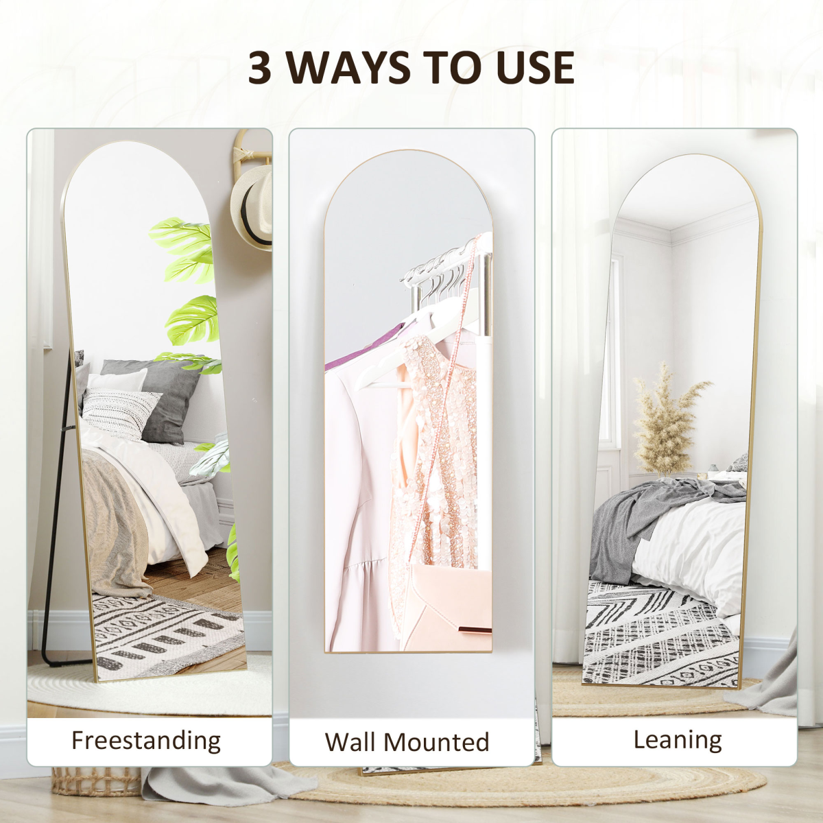 HOMCOM Full Length Curved Floor Mirror 150 x 50cm with Shatter-Proof Film – Wall Mount or Freestanding, Gold