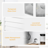 Kitchen Storage Cabinet with Glass Door, Louvred Door, 2 Drawers & Rubberwood Countertop – Coastal Style, White