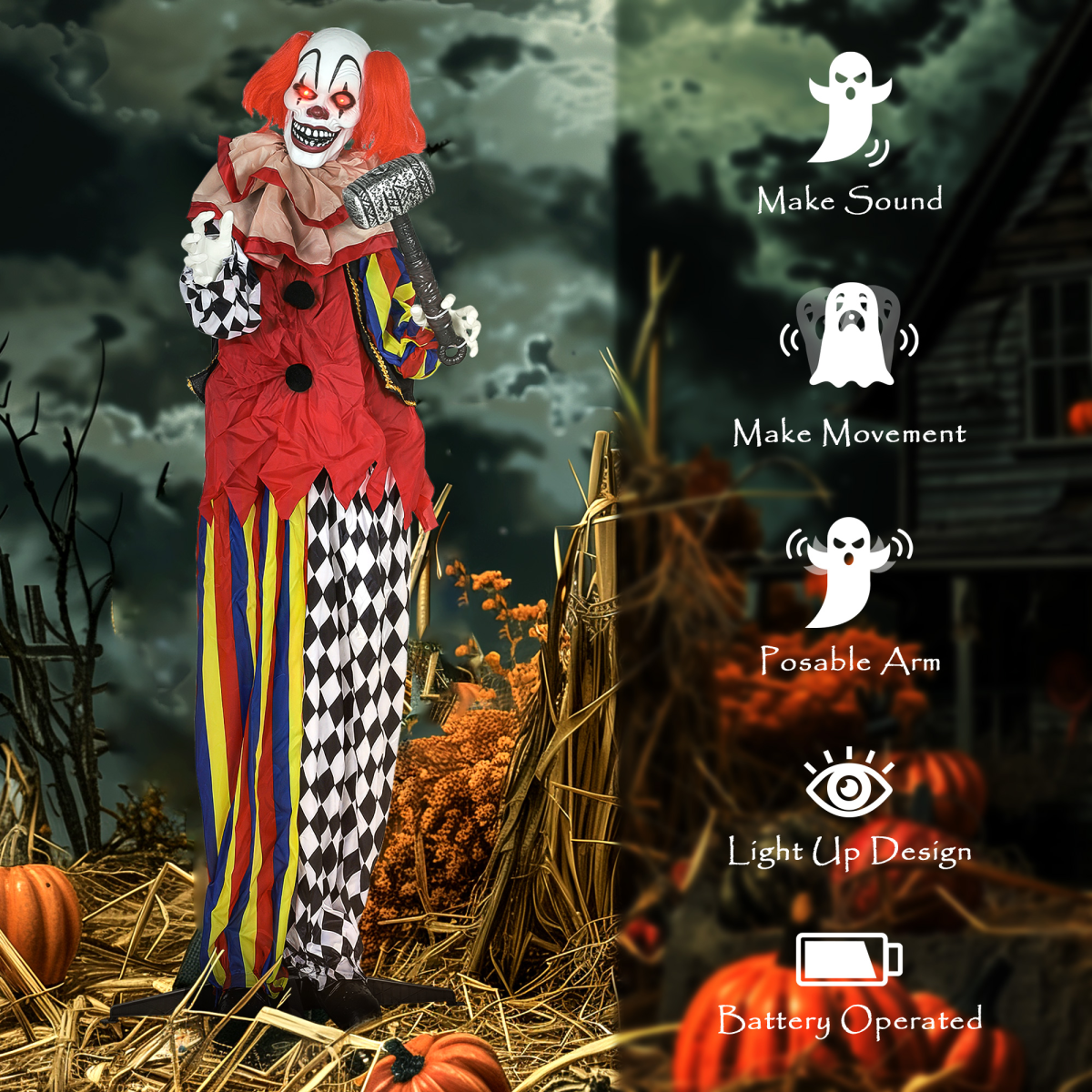 Outsunny Sound Activated Halloween Animatronic Clown – 173 cm Life-Size with Red Light-Up Eyes, Multi-Coloured