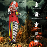 Outsunny Sound Activated Halloween Animatronic Clown – 173 cm Life-Size with Red Light-Up Eyes, Multi-Coloured