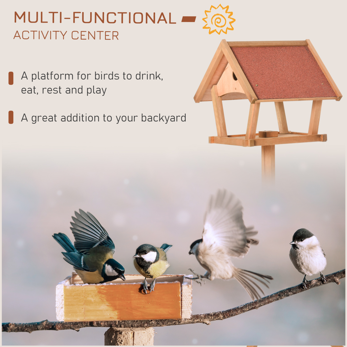 PawHut Wooden Bird Feeder Stand with 2 Platforms and Nesting Hole – Weather Resistant Garden Bird House