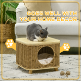 PawHut Elevated Wicker Cat House with Soft Cushion & Door Hole – Cosy Indoor Cat Bed, Light Brown