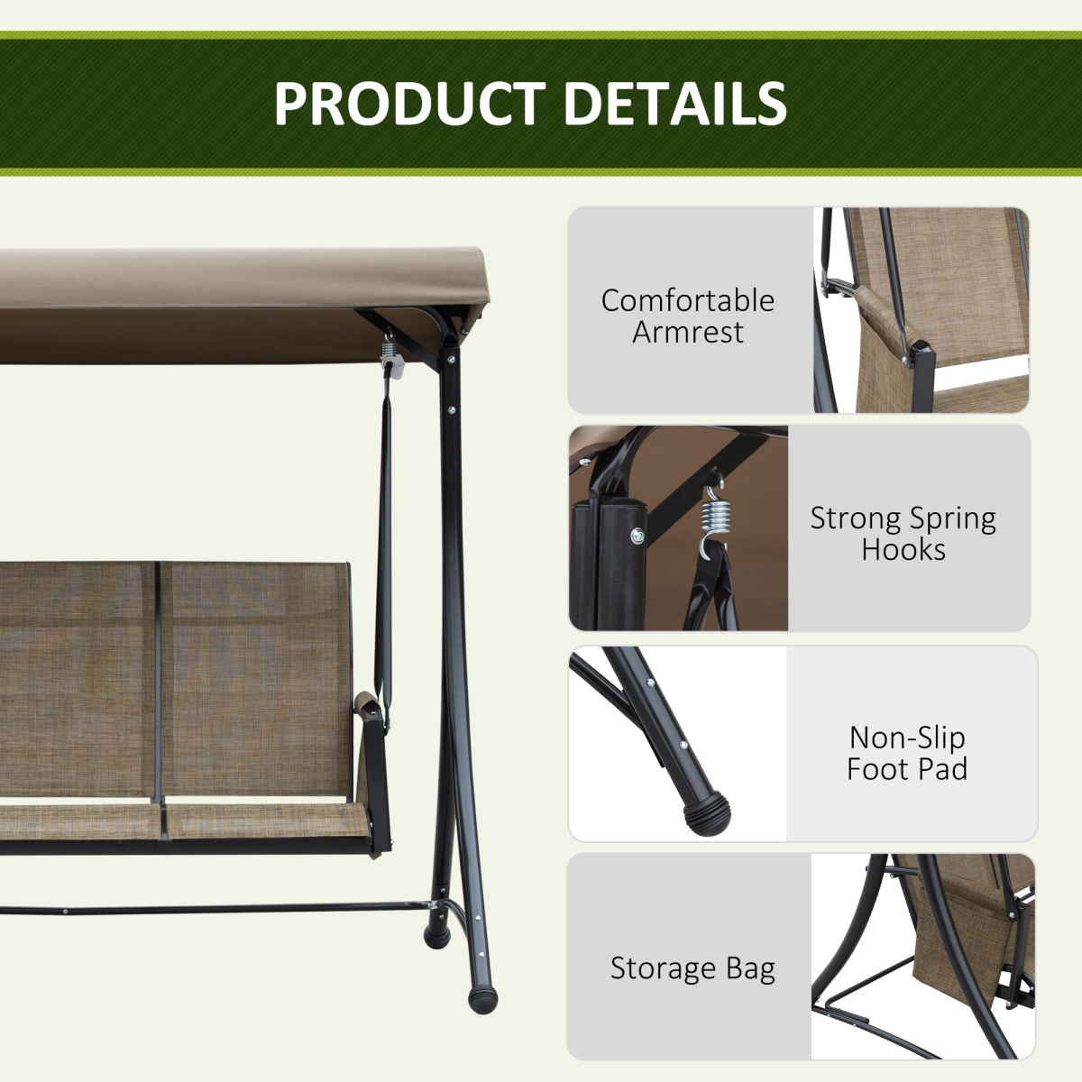 Outsunny 3 Person High Back Garden Swing Chair with Adjustable Canopy & Side Pouches – Outdoor Seat, Brown