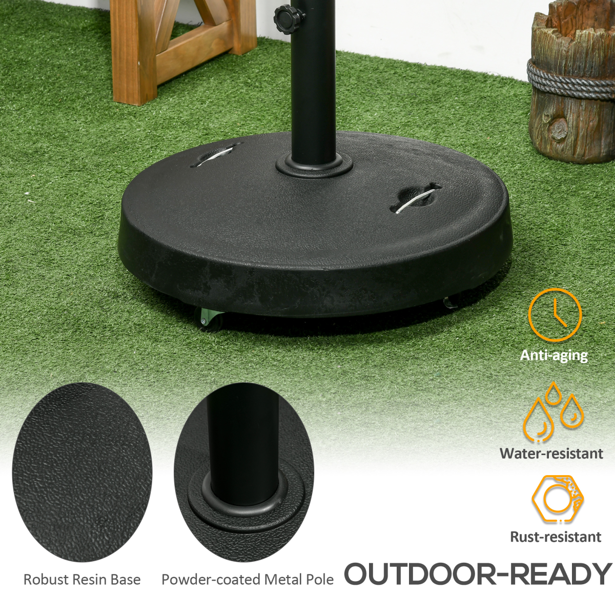 Outsunny 23.5kg Round Resin Parasol Base with Wheels & Brakes – Fits 38–48mm Poles