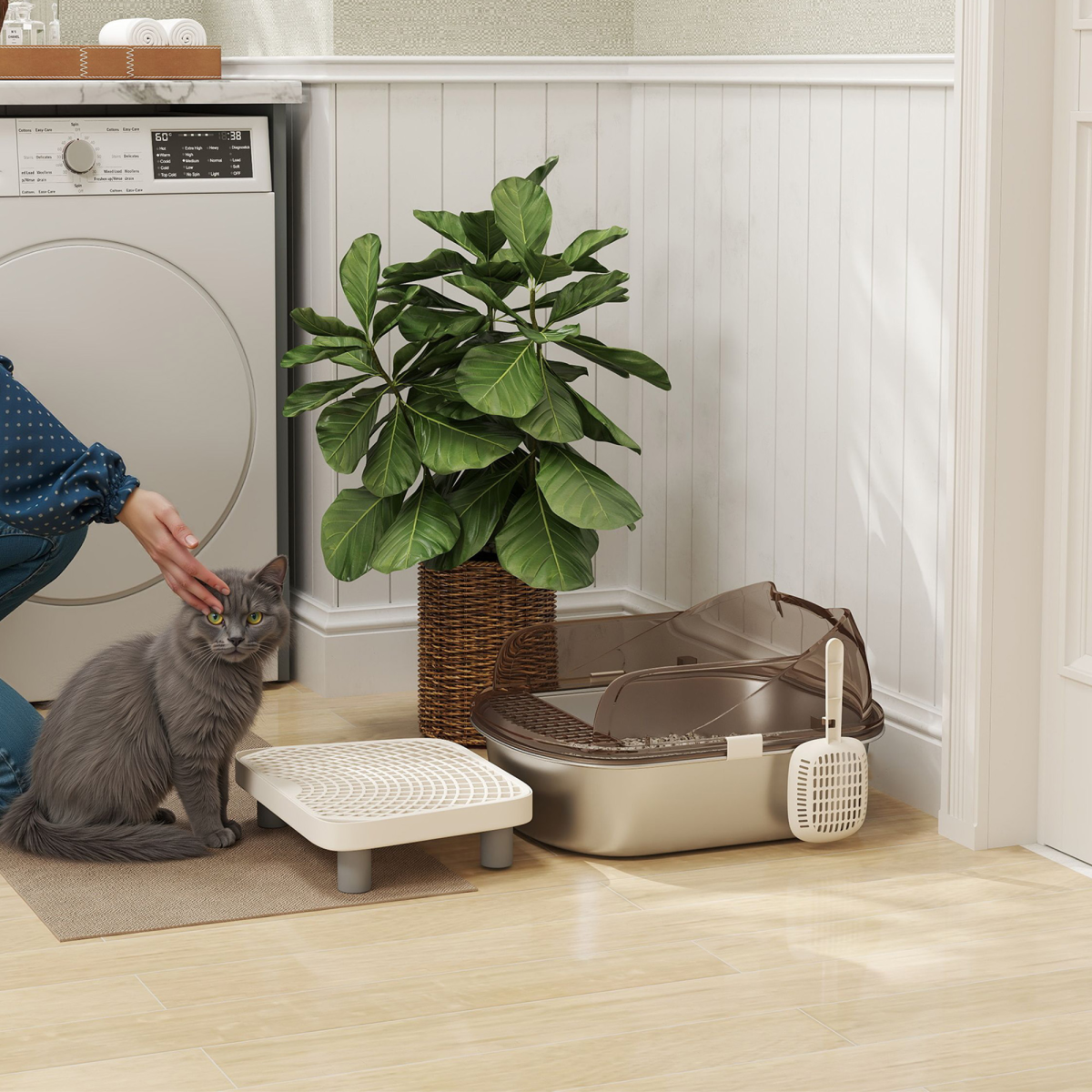 Cat Litter Box with High Sides, Stainless Steel Tray & Scoop – Anti-Splash Litter Tray, Charcoal Grey