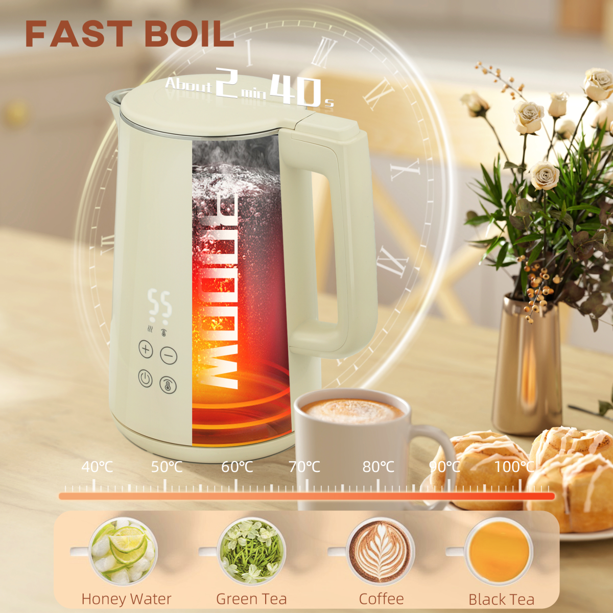 Stainless Steel Kettle and Toaster Set with 3000W Kettle & Browning Control – Matching Kitchen Duo, Beige