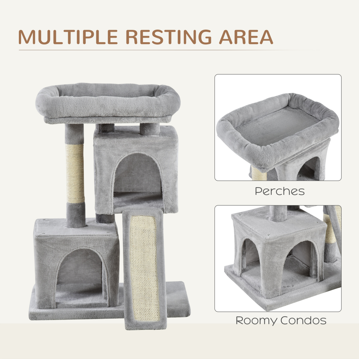 Pawhut Cat Activity Tree with 2 Houses, Sisal Scratching Posts & Cushioned Top Perch – Plush, Grey