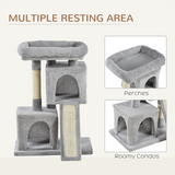 Pawhut Cat Activity Tree with 2 Houses, Sisal Scratching Posts & Cushioned Top Perch – Plush, Grey