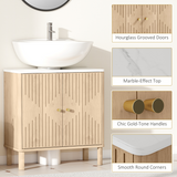 HOMCOM Under Sink Bathroom Cabinet with U-Shaped Cut-Out, Fluted Doors and Gold-Tone Handles – Oak