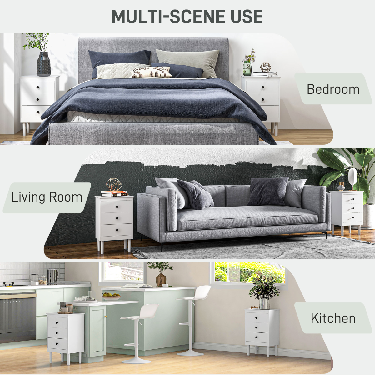 HOMCOM Set of 2 White Bedside Tables with 3 Drawers Each – Bedroom Storage Cabinets with Anti-Tip Straps