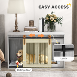PawHut Dog Crate Furniture with Removable Cushion and Barn Door Design – Side Table Kennel for Large Dogs, Grey