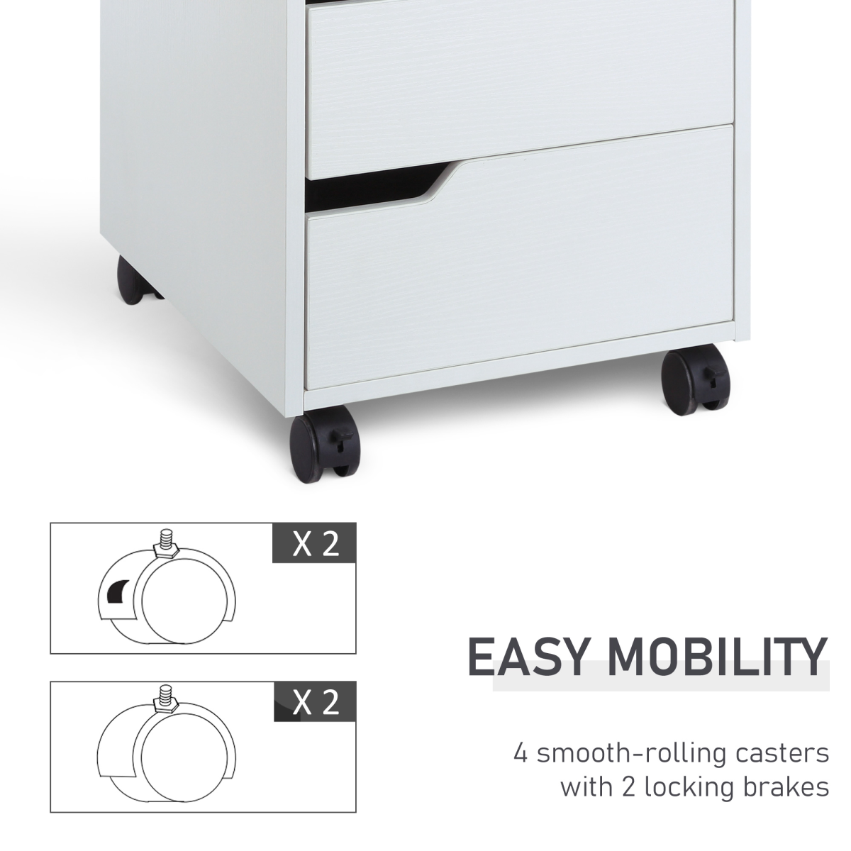 HOMCOM MDF Mobile File Cabinet with 3 Sliding Drawers and Locking Wheels – Home Office Storage, White