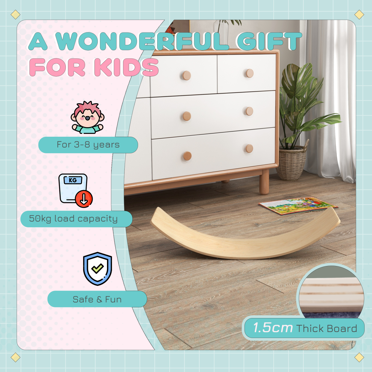 AIYAPLAY Kids Wooden Balance Board – Pine Wood Multilayer Board for Balance & Coordination, Ages 3–8, Natural