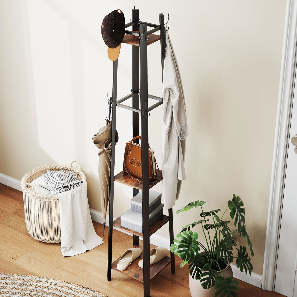 Industrial Coat Stand with 4 Shelves & 8 Triple Hooks – Slim Hallway Storage, Rustic Brown