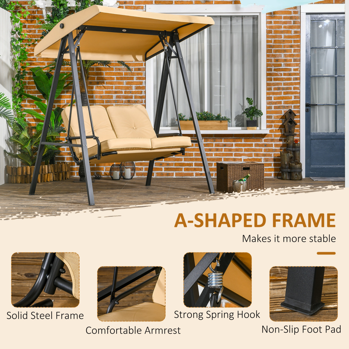 Outsunny 2-Seater Garden Swing Chair Hammock with Adjustable Canopy & Cushions – Steel Frame