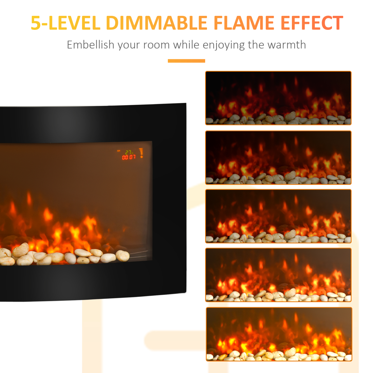 HOMCOM Wall Mounted Curved LED Electric Fireplace Heater with 7 Flame Colours & Side Lights