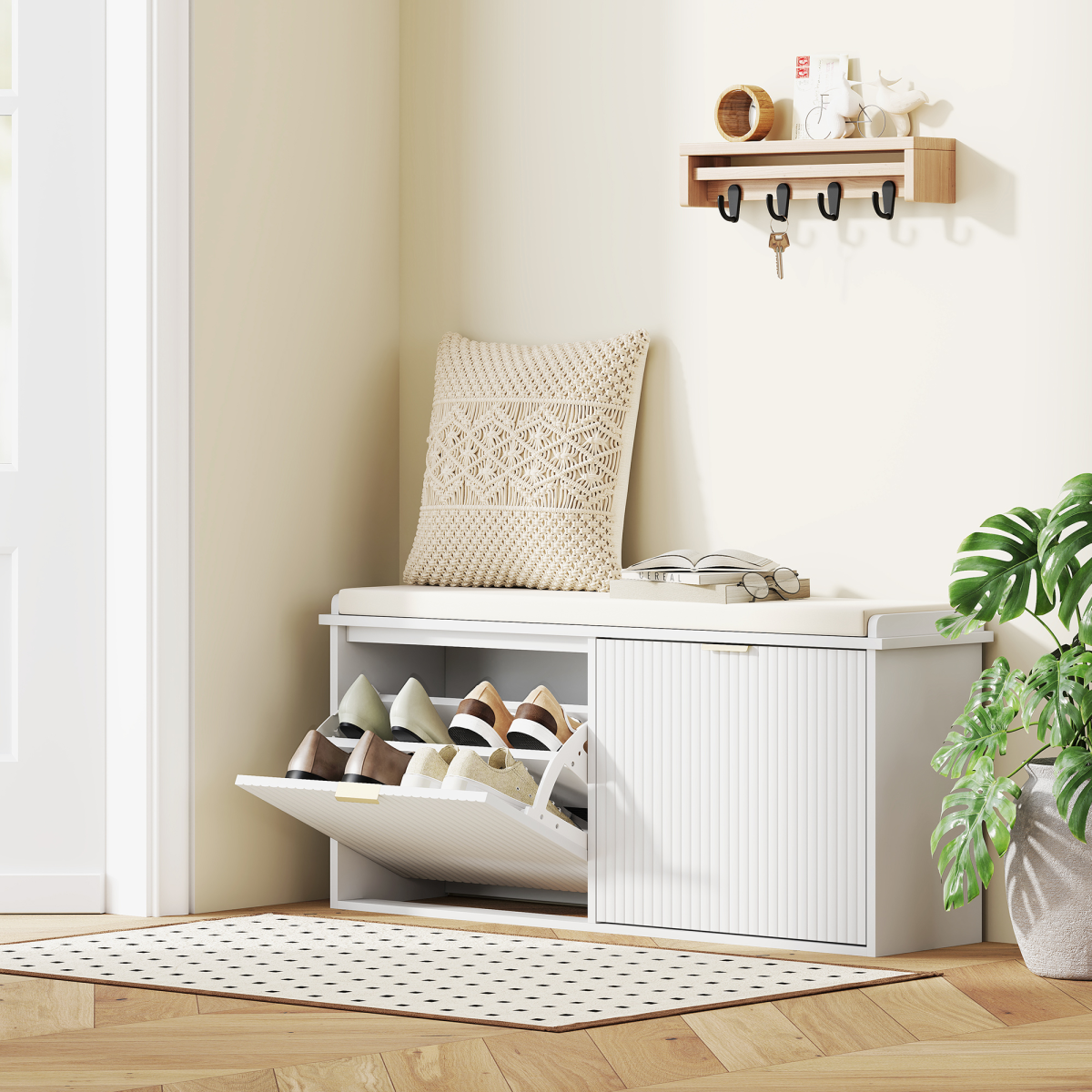 Shoe Storage Bench with Cushioned Seat & 2 Drawers – Hallway Shoe Cabinet for 10 Pairs, White & Beige