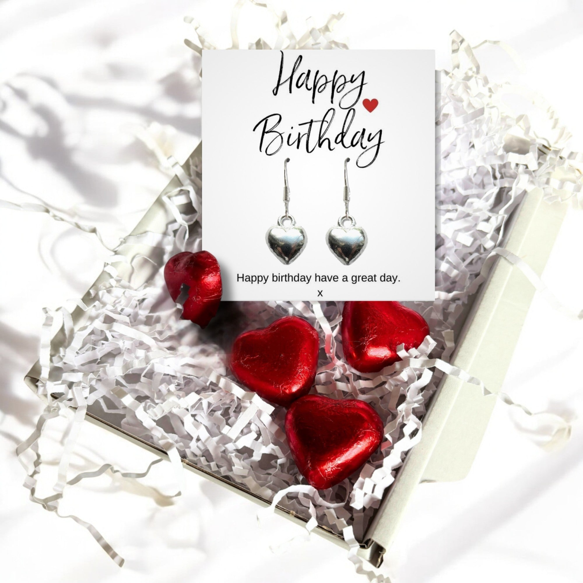 Aye Do Gifts Happy Birthday Mini Gift Hamper with Silver Heart Earrings and Milk Chocolate Hearts