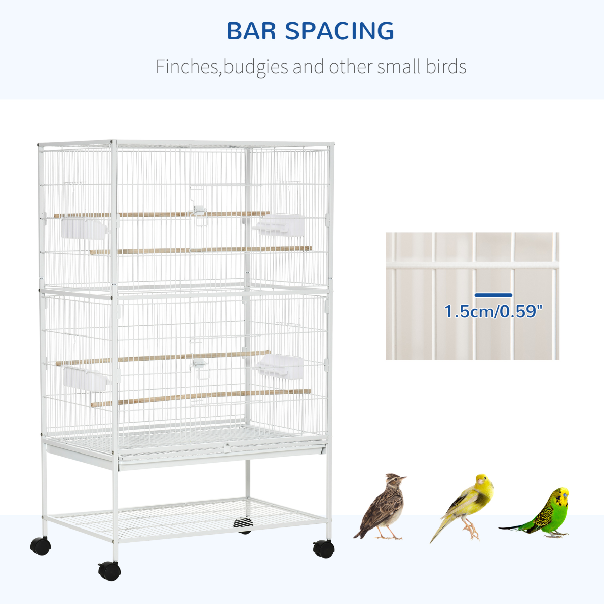 Pawhut Large Bird Cage with Rolling Stand, 4 Perches & Tray – For Budgies, Finches and Canaries, White