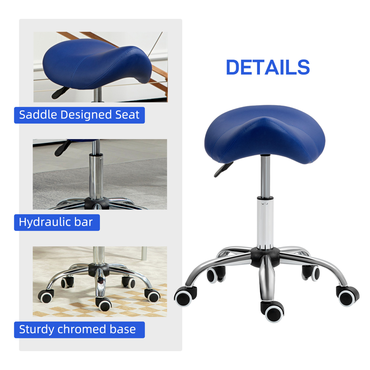 HOMCOM PU Leather Saddle Stool with Moulded Padded Seat – Height Adjustable Salon Chair, Dark Blue