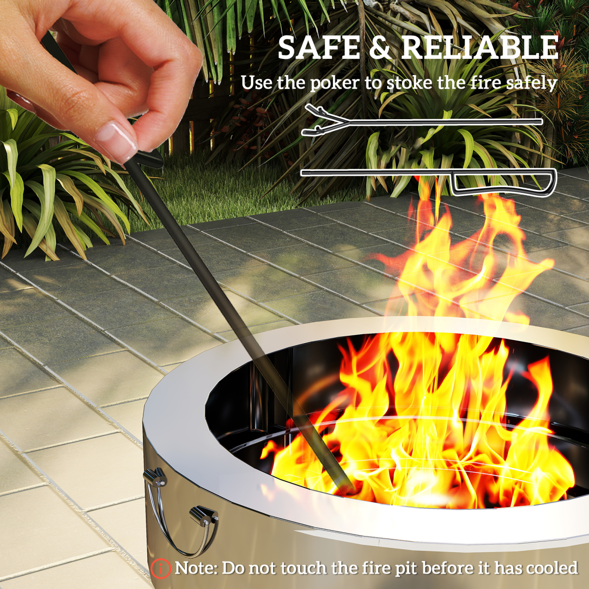 Outsunny Round Stainless Steel Fire Pit with Grill Net and Poker – Portable Garden Firepit, Silver