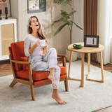 Mid-Century Modern Oak Frame Accent Chair with Linen-Cotton Upholstery – Retro Lounge Armchair, Burnt Orange