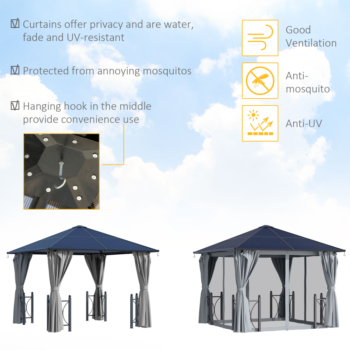 Outsunny 3 x 3m Hardtop Gazebo with Polycarbonate Roof, Curtains & Netting – Garden Shelter, Dark Grey