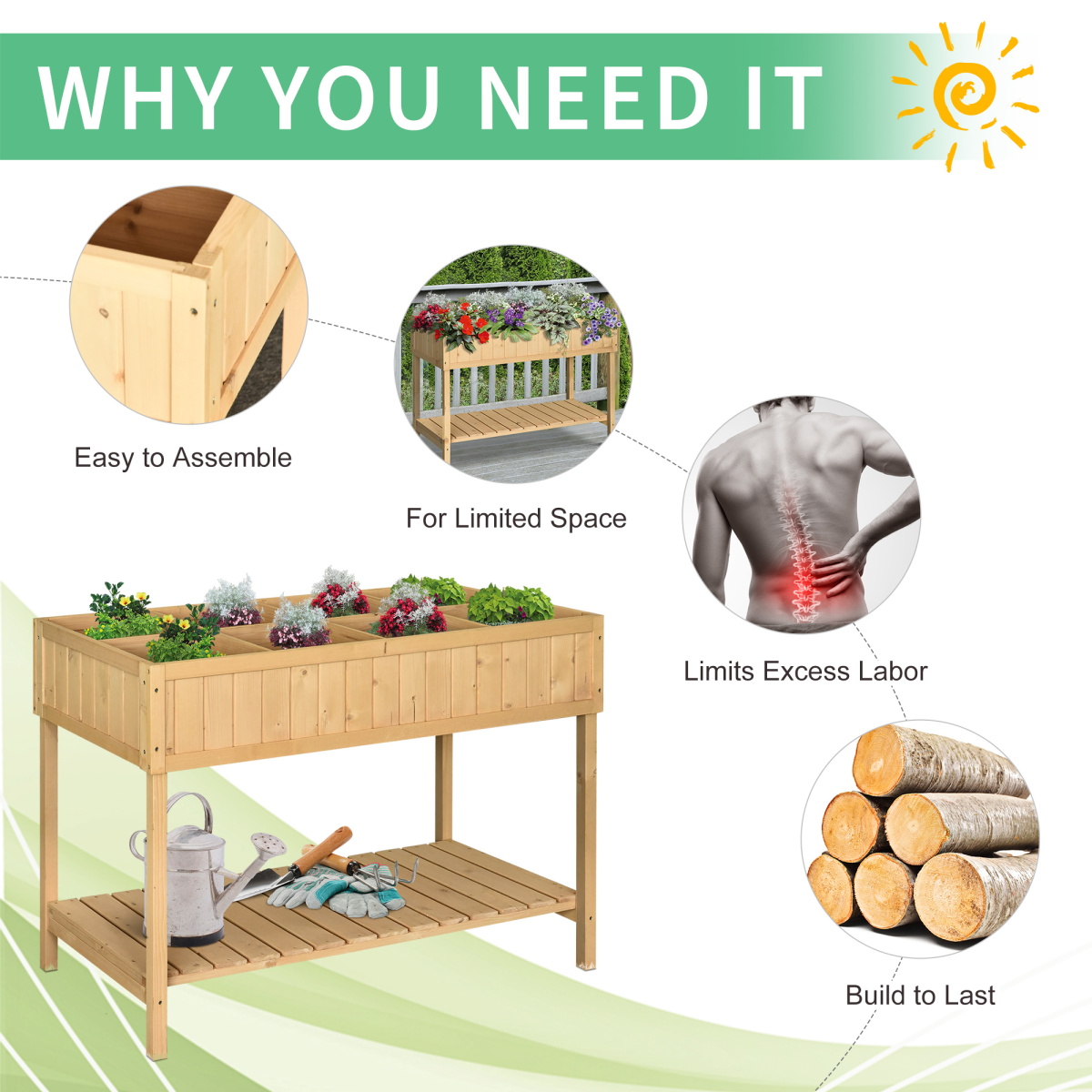Outsunny Raised Wooden Planter with 8 Compartments & Storage Shelf – Fir Wood Garden Herb Bed, Oak Tone