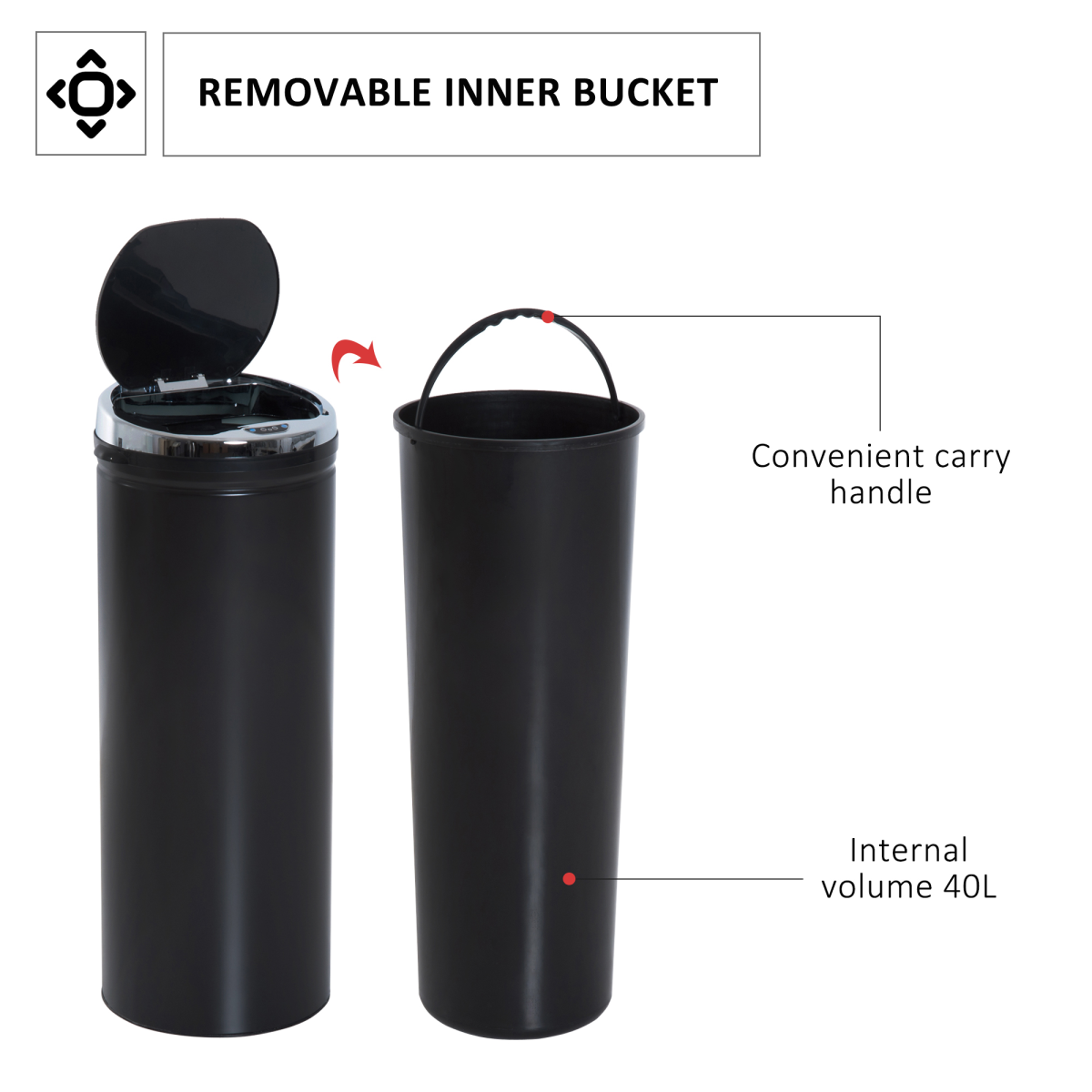 HOMCOM 50L Stainless Steel Sensor Kitchen Bin with Removable Inner Bucket – Black