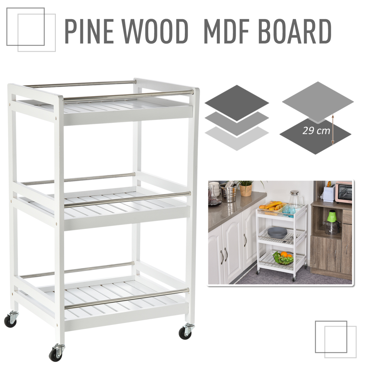 HOMCOM Pine Wood 3-Tier Kitchen Trolley with Four Wheels & Steel Handle – Storage Serving Cart, White