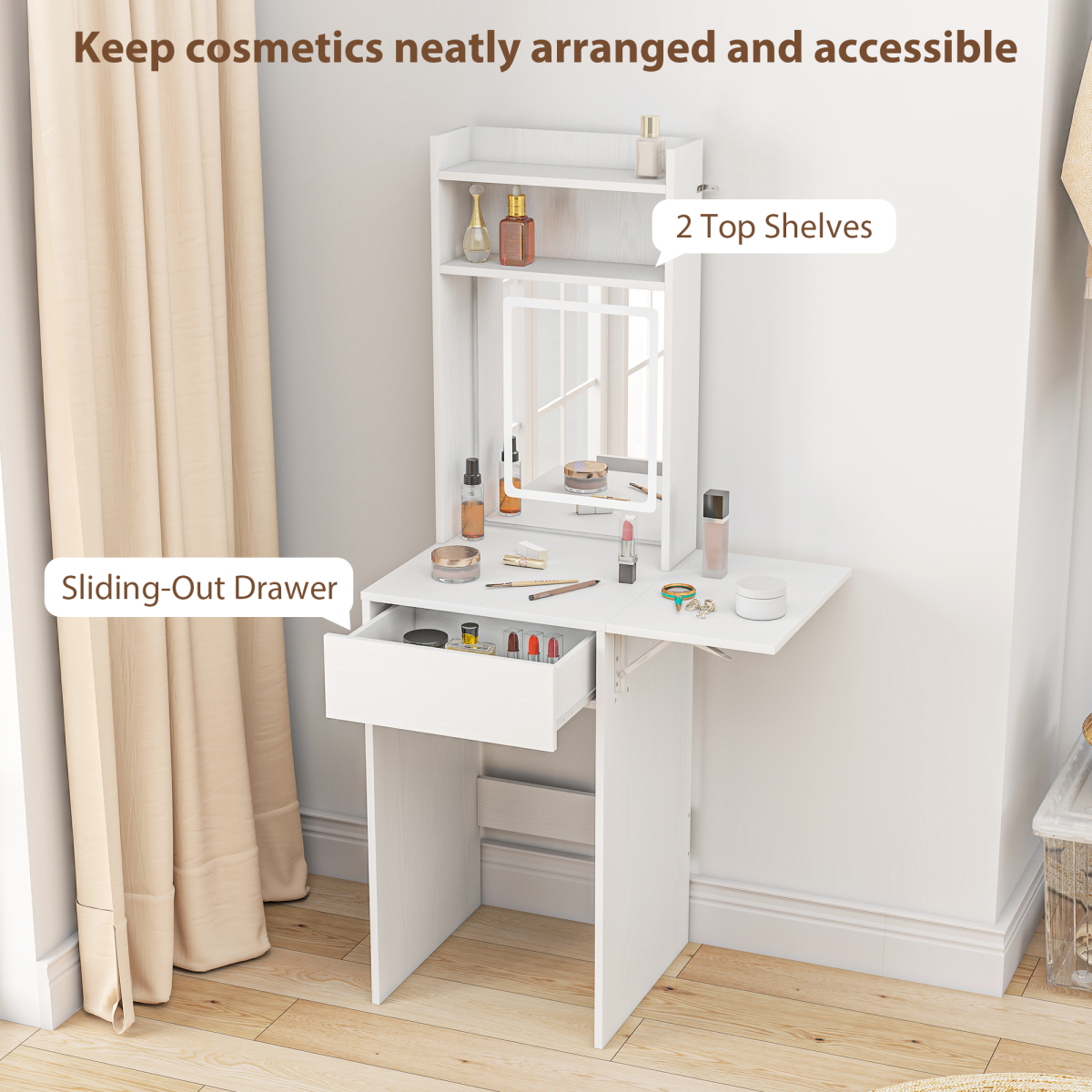 HOMCOM Compact Dressing Table with LED Lighted Mirror, Drop Leaf, Open Shelves & Drawer – White