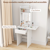 HOMCOM Compact Dressing Table with LED Lighted Mirror, Drop Leaf, Open Shelves & Drawer – White