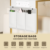 C-Shaped Side Table with Charging Station, USB Ports & Storage Bags – Sofa Side Table, White Marble Effect