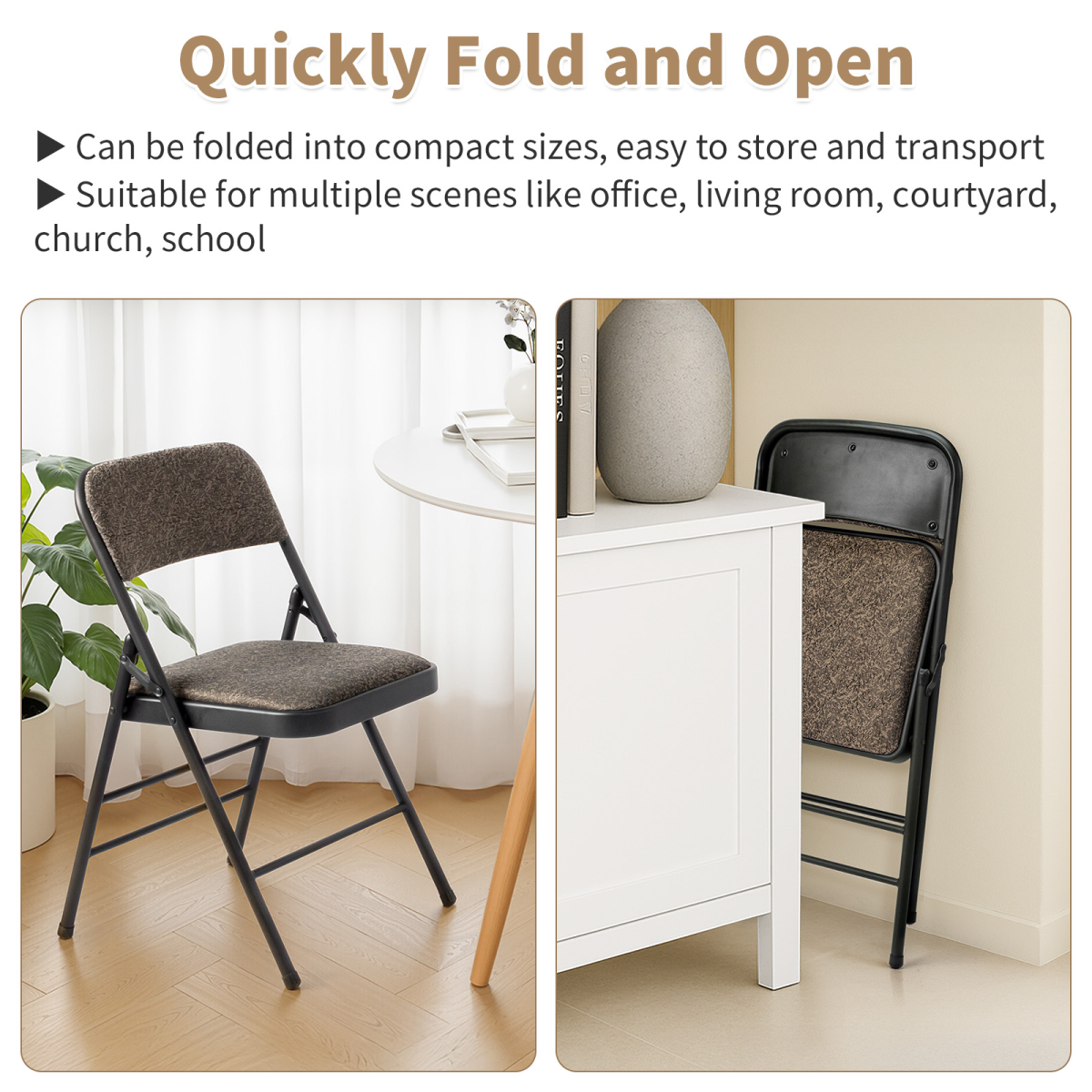 2 Black Patterned Padded Folding Chairs with Soft Seat and Frosted Iron Frame – Conference and Event Seating