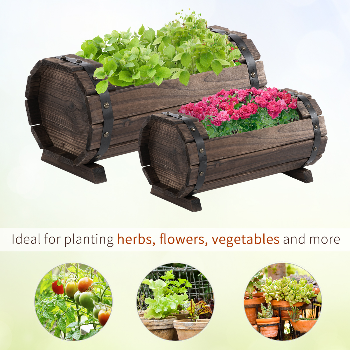 Outsunny Set of 2 Solid Wood Raised Planter Boxes – Carbonised Wooden Flower Beds for Garden, Patio and Balcony
