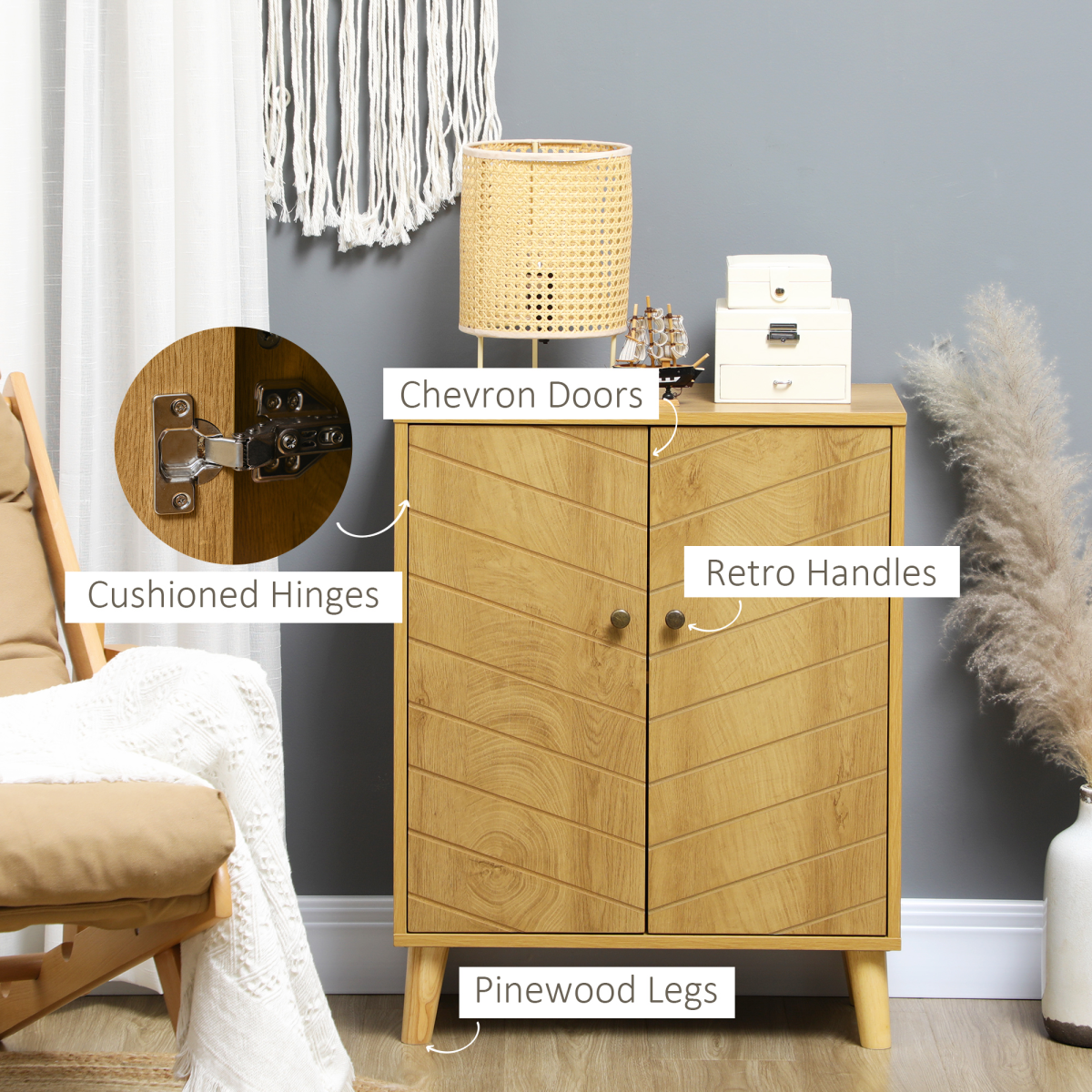 HOMCOM Chevron Door Sideboard Storage Cabinet with Inner Shelf – Living Room & Kitchen Storage, Natural