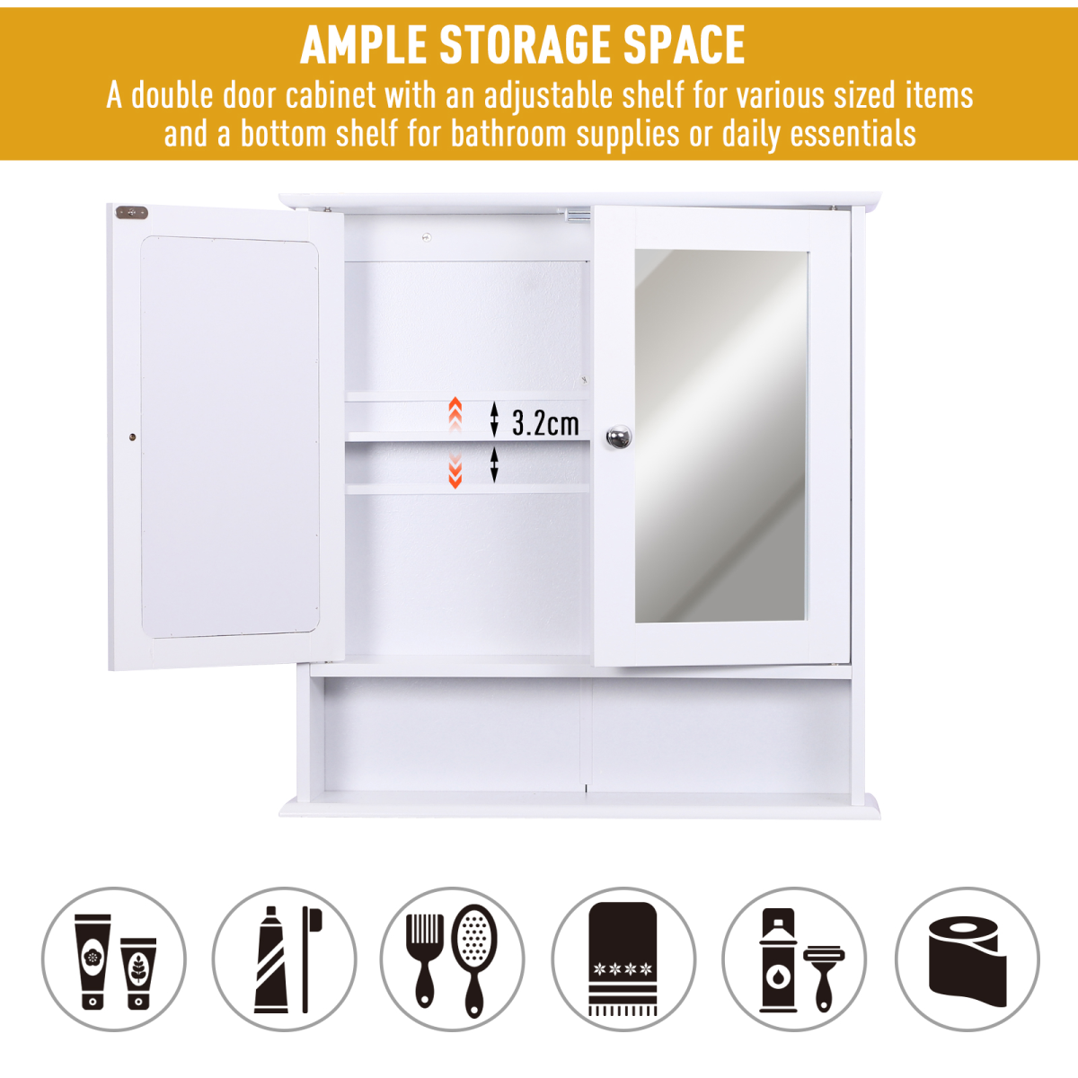 kleankin Wall-Mounted Bathroom Mirror Cabinet with 2 Mirrored Doors and Adjustable Shelf – White MDF