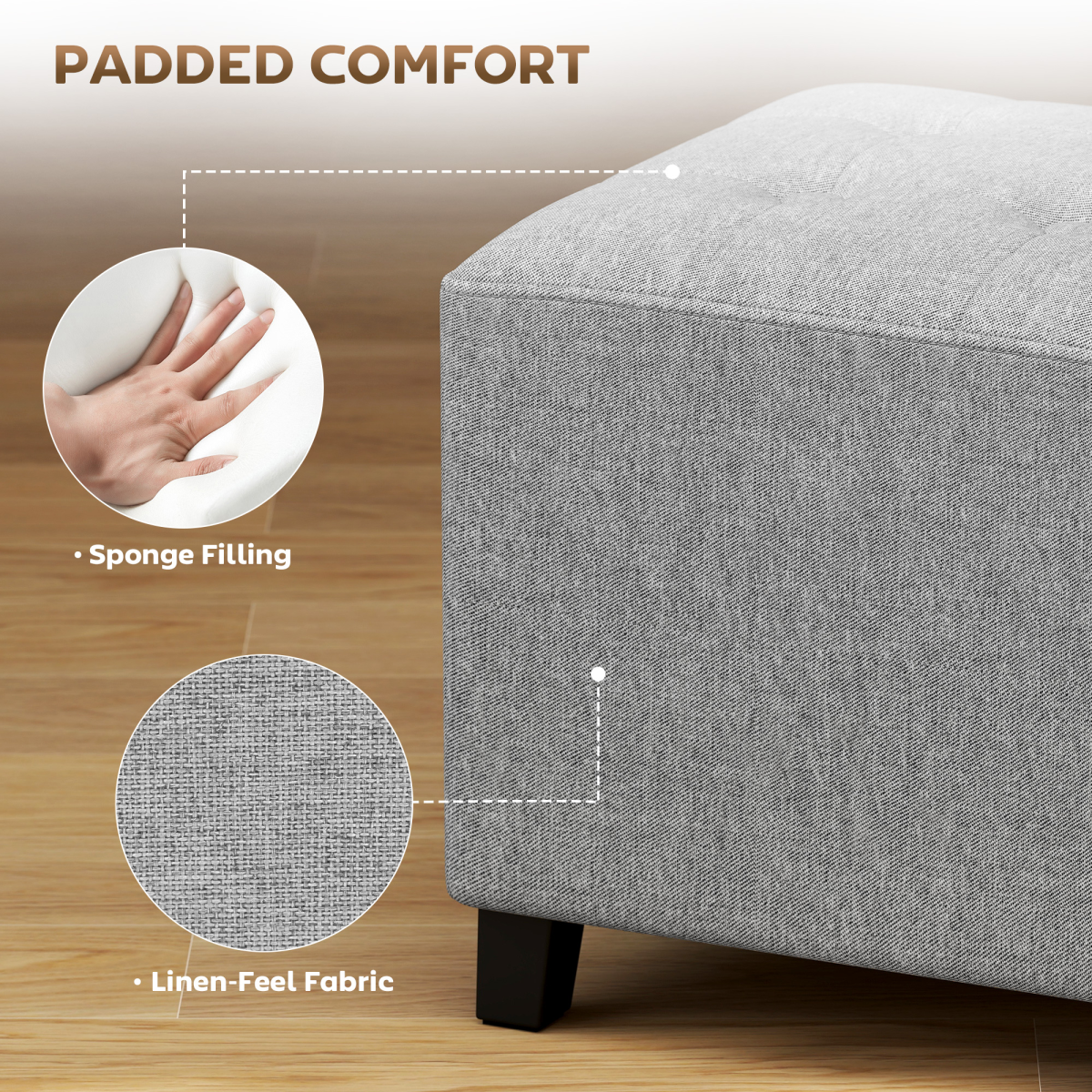HOMCOM Small Square Ottoman Footstool with Padded Seat & Side Pocket – Footrest, Extra Seating, Light Grey